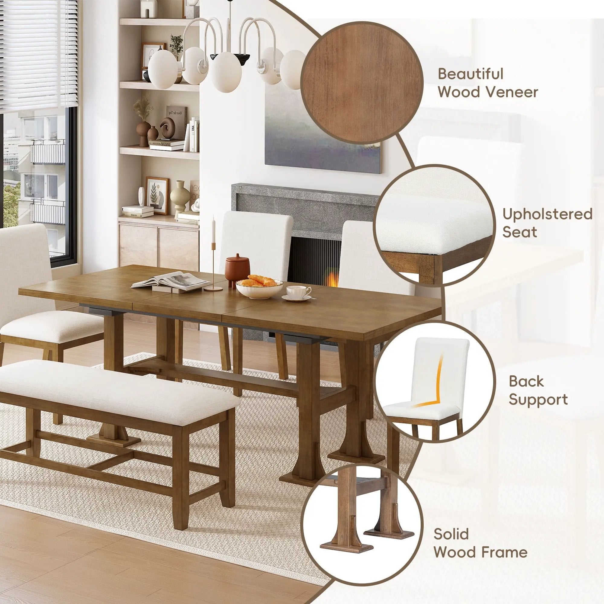 Topmax - 6 Piece Farmhouse Extendable Dining Table Set Trestle Kitchen Table Set With Removable Leaf And Upholstered Dining Chair And Bench For Dining Room by HouseOfZazla