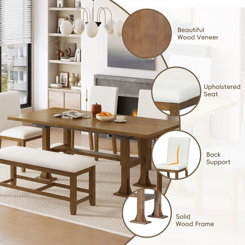 Topmax - 6 Piece Farmhouse Extendable Dining Table Set Trestle Kitchen Table Set With Removable Leaf And Upholstered Dining Chair And Bench For Dining Room by HouseOfZazla