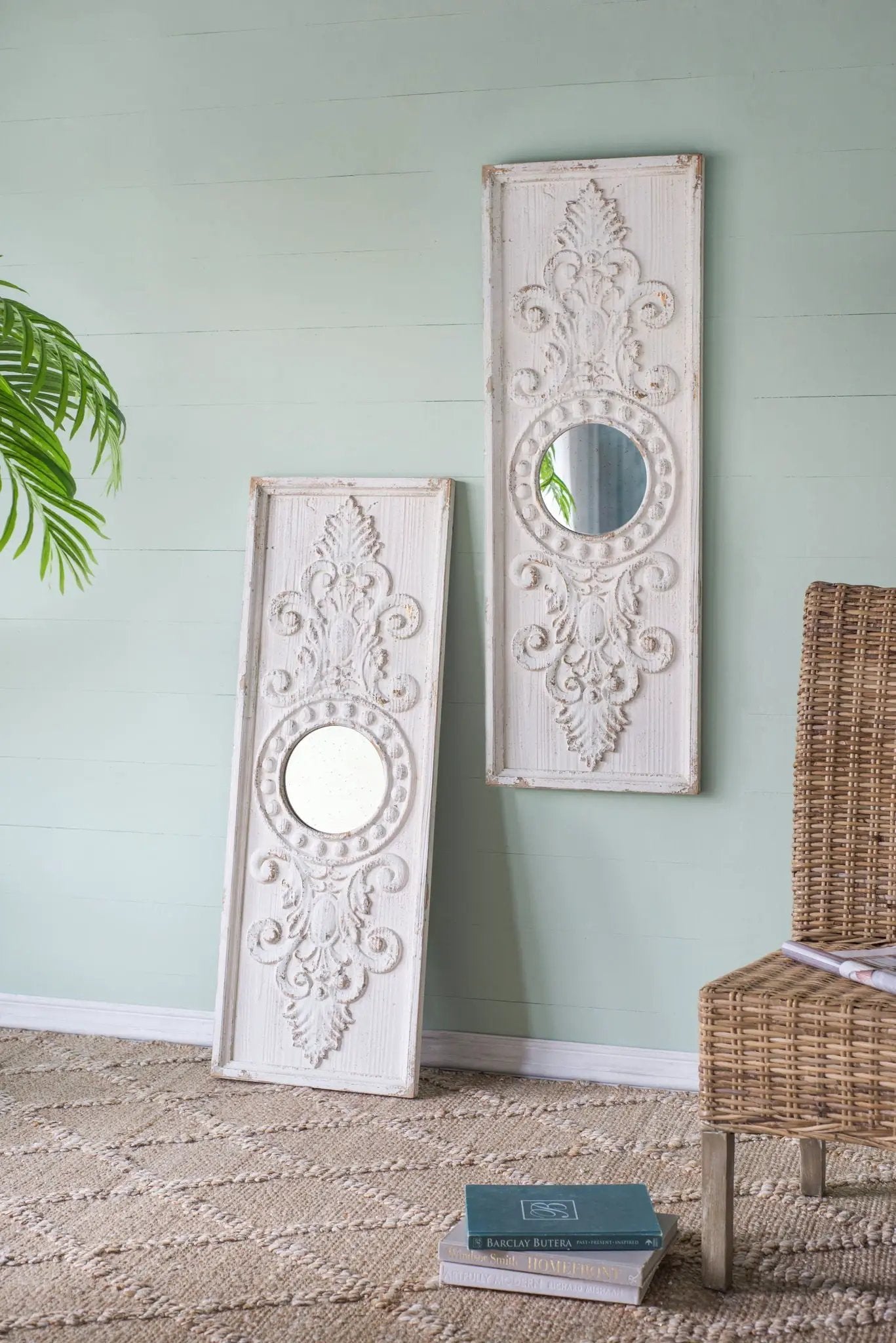 Large Wooden Wall Art Panels With Distressed Round Mirror Accents (Set of 2) - White by HouseOfZazla