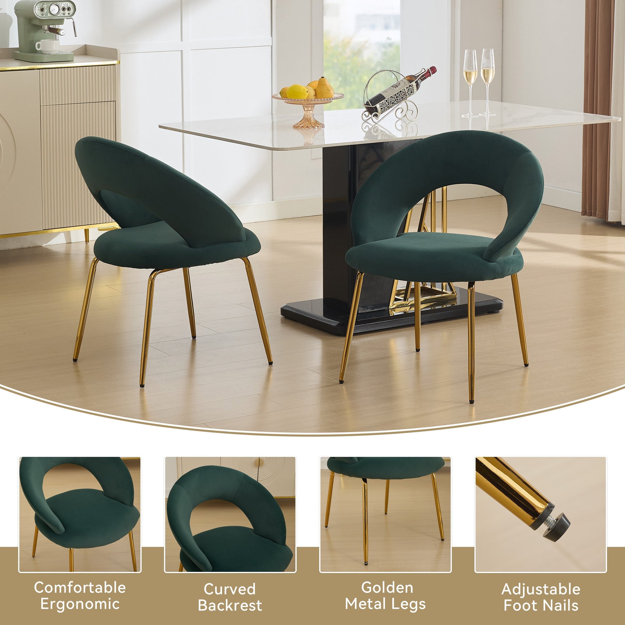 Velvet Fabric Dining Chair with Curved Backrest and Golden Metal Legs by HouseOfZazla