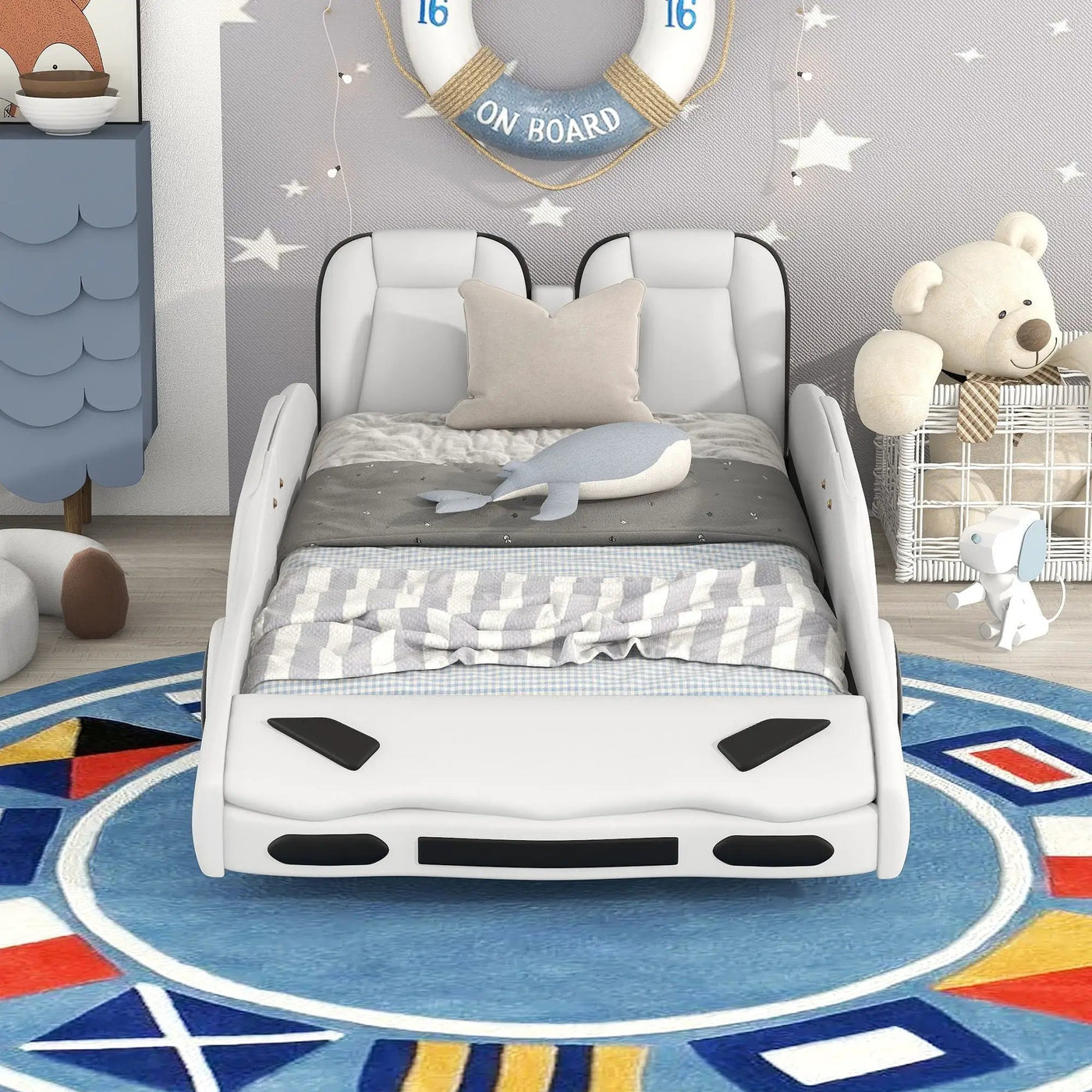 Race Car Shaped Twin Platform Bed With Wheels, Pine Wood Construction by Unique Piece Furniture
