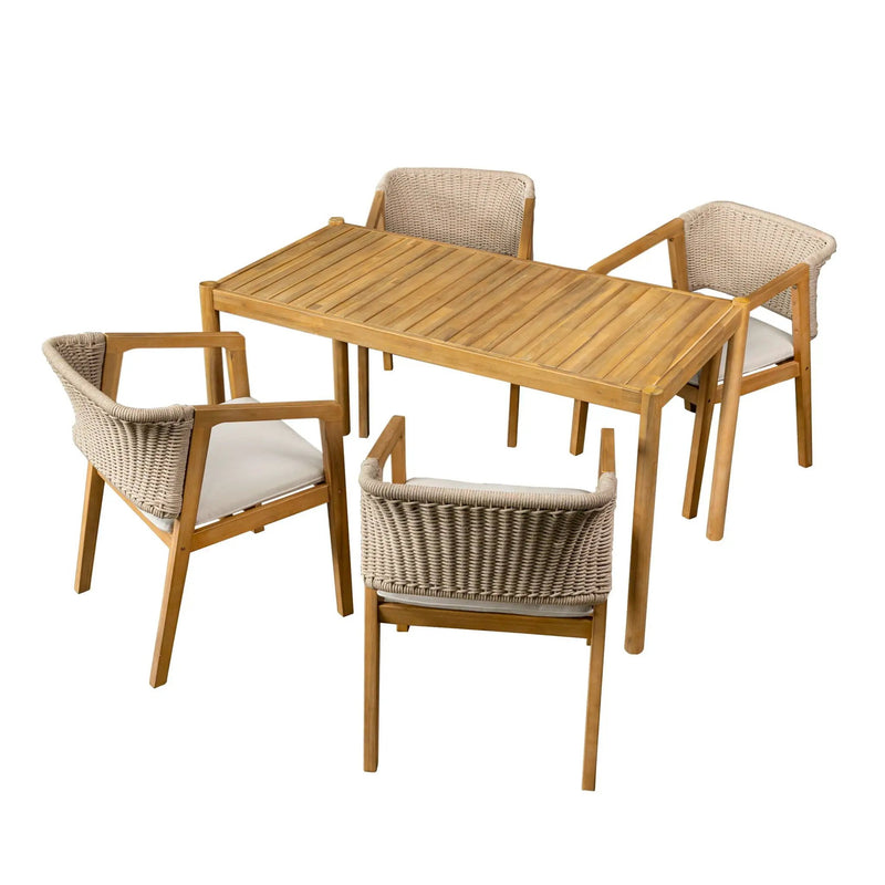 Outdoor Dining Set 1 Table 4 Chairs (Set of 5) - Teak / Beige by HouseOfZazla