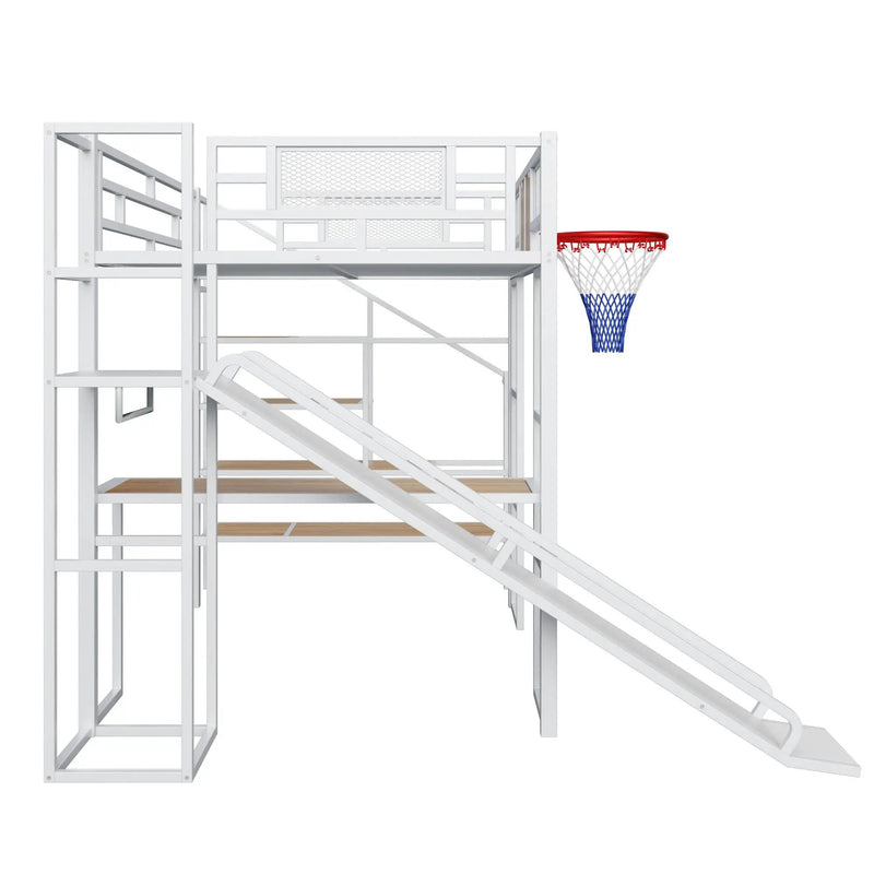 Loft Bed With Built In Desk, Open Wardrobe, Basketball Hoop, Slide And Staircase by HouseOfZazla