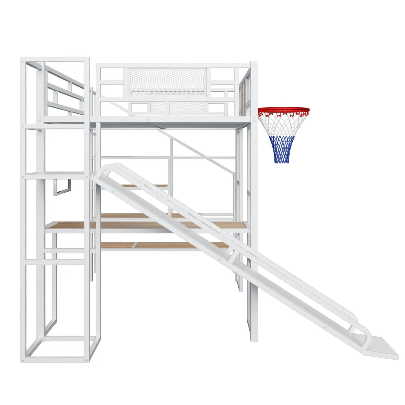 Loft Bed With Built In Desk, Open Wardrobe, Basketball Hoop, Slide And Staircase by Unique Piece Furniture