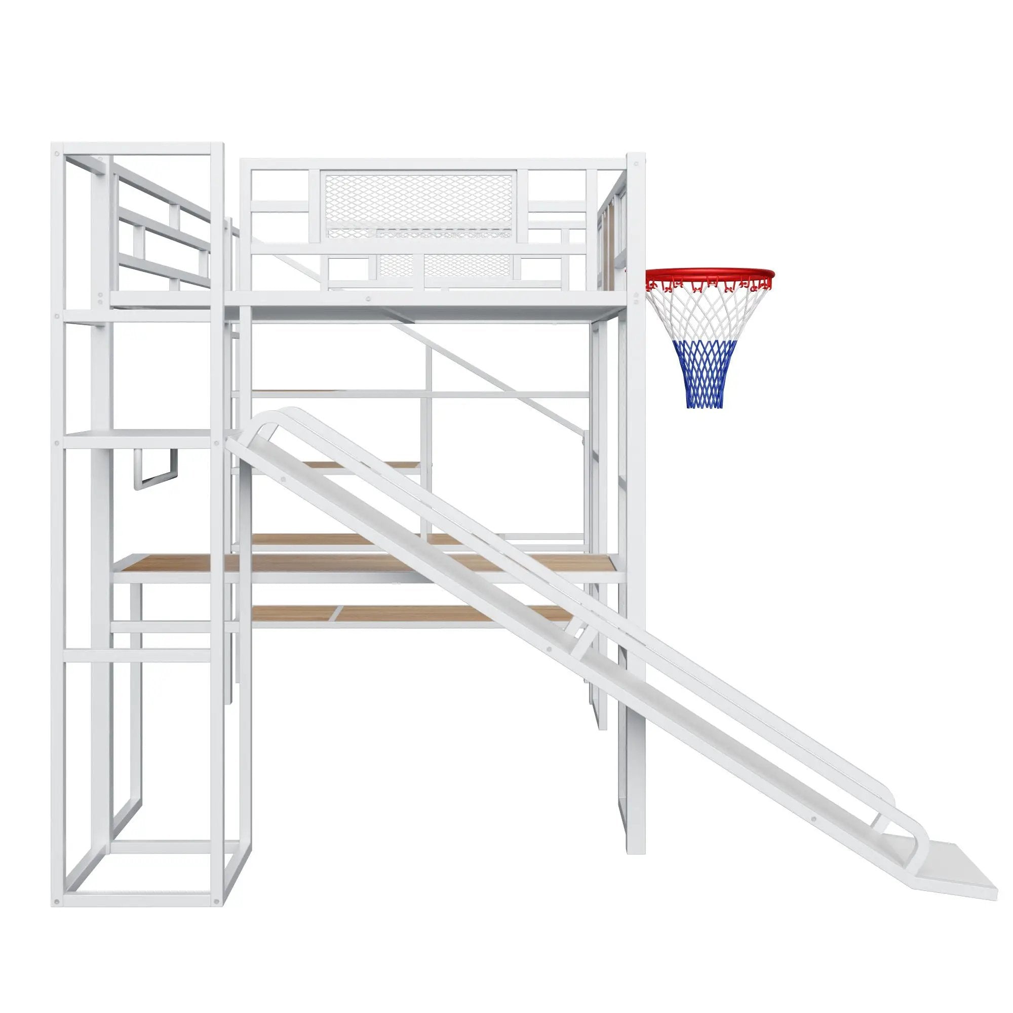 Loft Bed With Built In Desk, Open Wardrobe, Basketball Hoop, Slide And Staircase by Unique Piece Furniture