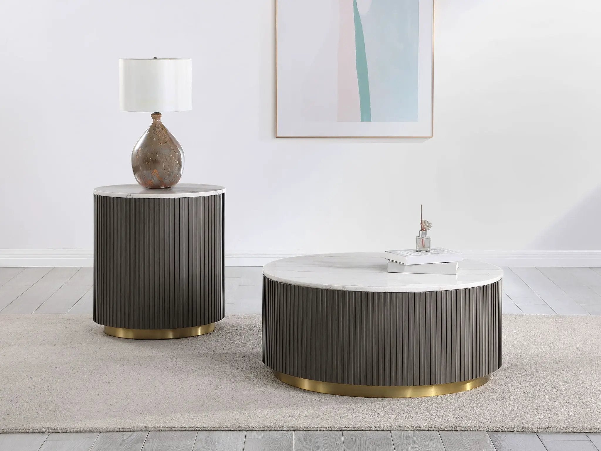 Jason 2-piece Round White Marble Coffee Table Set Charcoal by Unique Piece Furniture