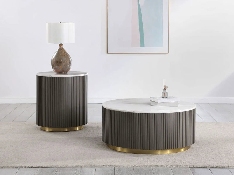 Jason 2-piece Round White Marble Coffee Table Set Charcoal by Unique Piece Furniture