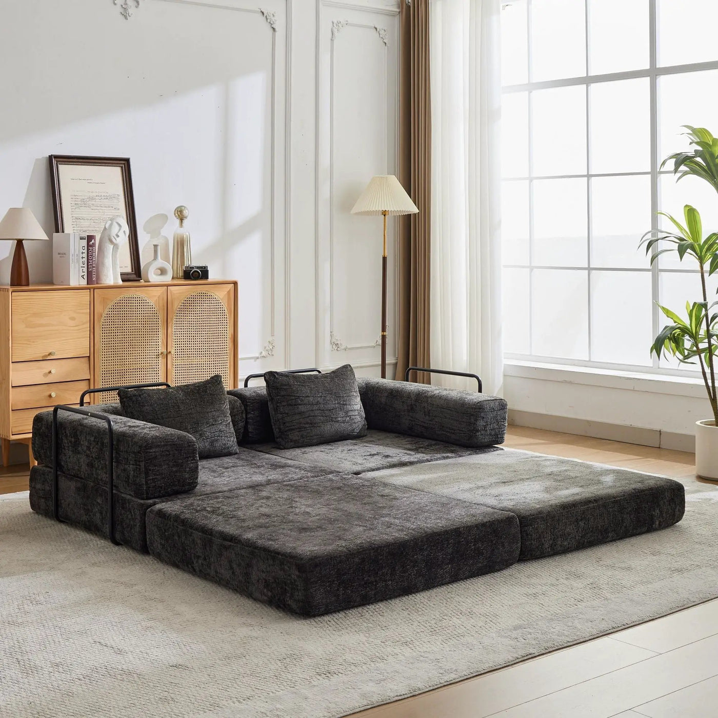 Convertible Floor Sofa Bed With Pillow Back Support Armrest by Unique Piece Furniture