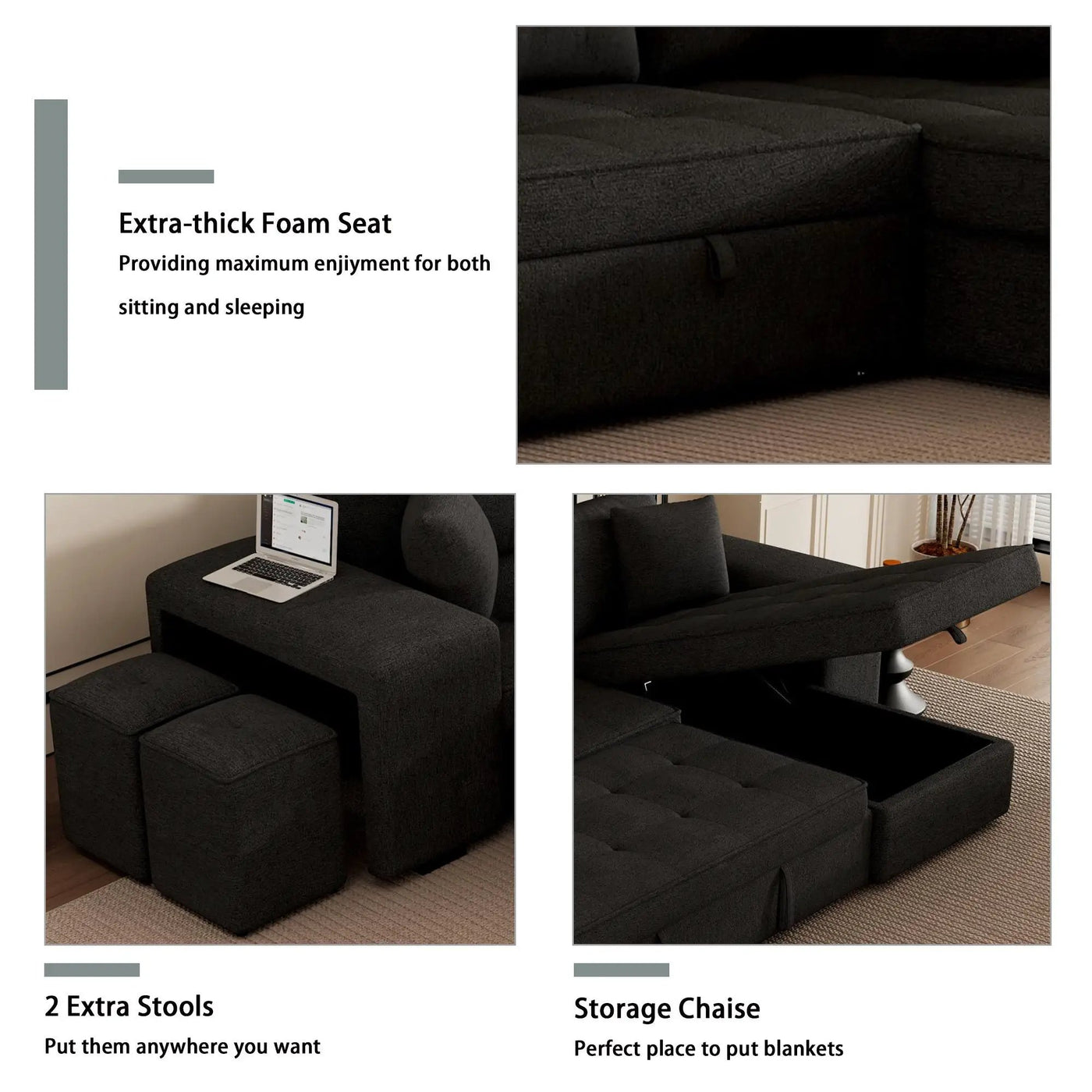 Modern L-Shape 3 Seat Reversible Sectional Couch, Pull Out Sleeper Sofa With Storage Chaise And 2 Stools For Living Room Furniture Set by Unique Piece Furniture