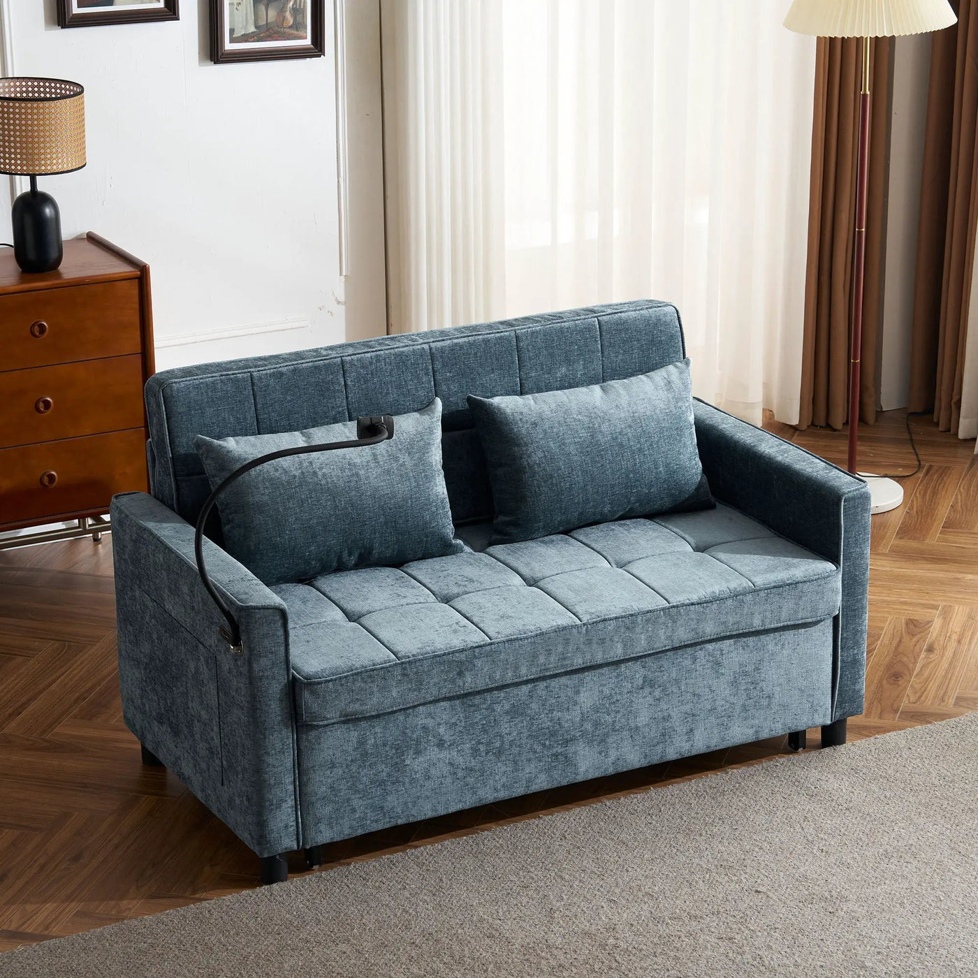 Pull-Out Sleeper Sofa With Reversible Backrest Cushion, Side Pockets, 2 USB Ports And A Phone Holder For Living Room by Unique Piece Furniture