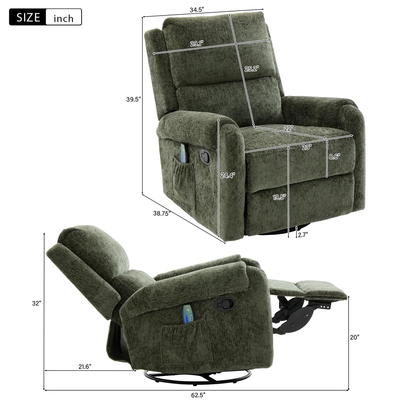 Manual Recliner Massage Chair With Swivel Rocker, 8 Massage Modes, Side Storage Pocket by Unique Piece Furniture