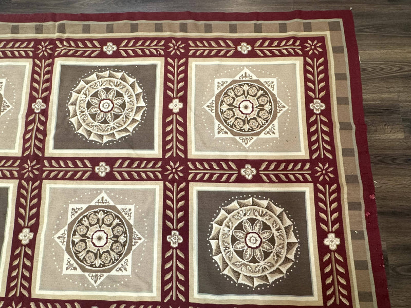 Needlepoint Rug 9x12, Panel Design, Burgundy Taupe, Elegant by Jewel Rugs