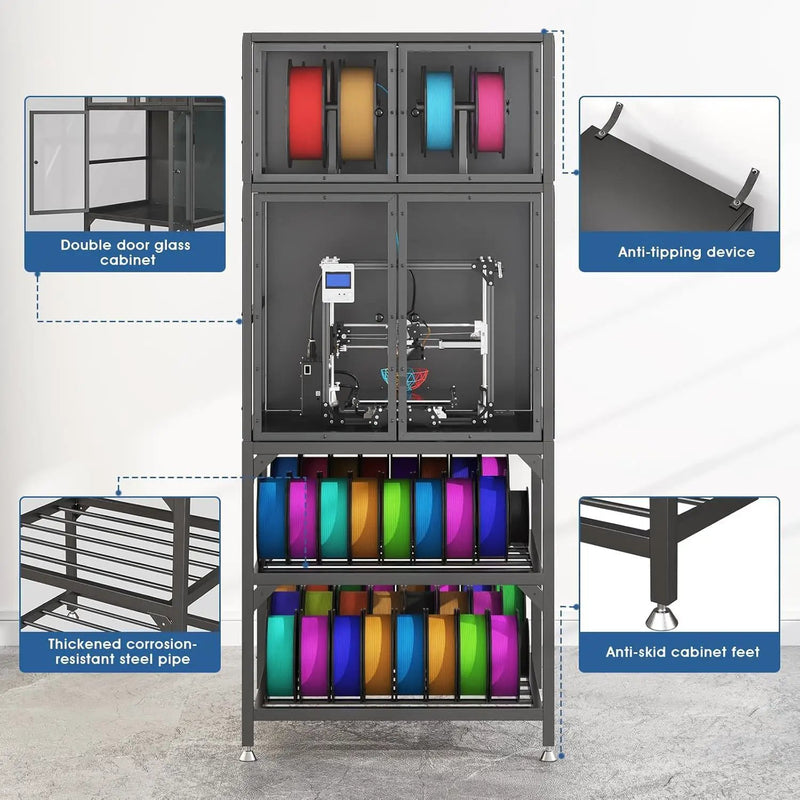 3D Printer Cabinet With Double Layer Filament Storage, Noise Reducing Design - Black by Unique Piece Furniture