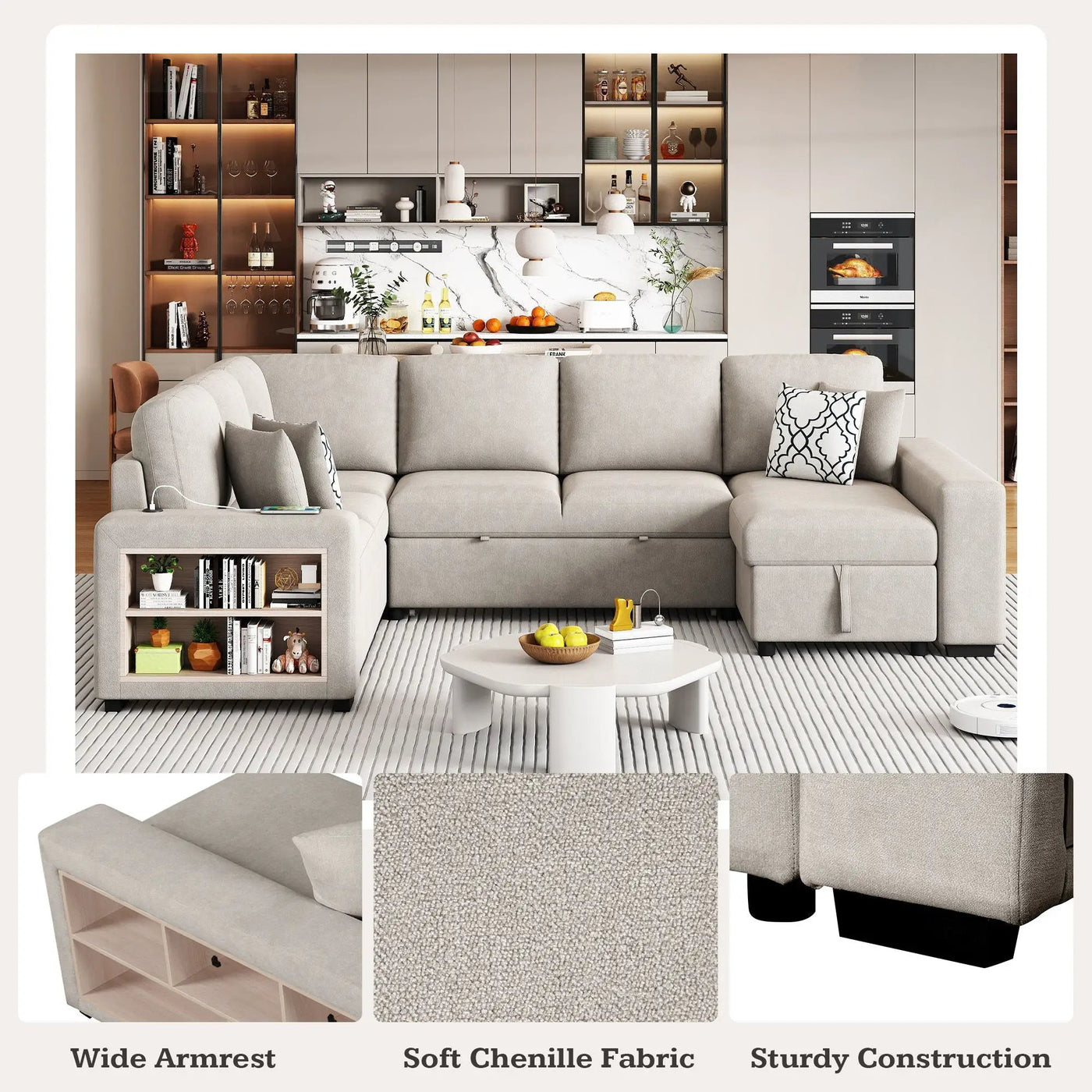 U-Shaped Sectional Sofa Pull-Out Sofa Bed With Two USB Ports, A Storage Chaise Lounge And Four Back Pillows For Living Room by HouseOfZazla