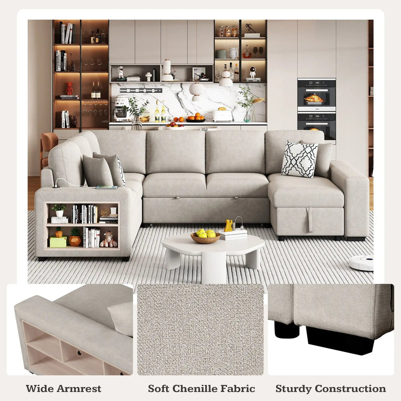 U-Shaped Sectional Sofa Pull-Out Sofa Bed With Two USB Ports, A Storage Chaise Lounge And Four Back Pillows For Living Room by HouseOfZazla