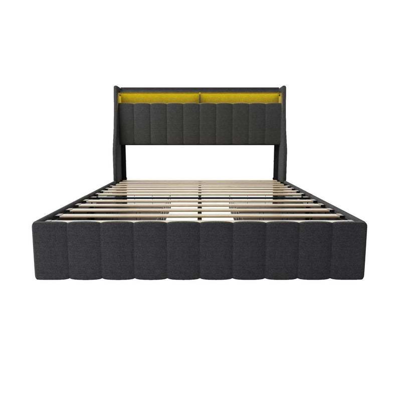 Bed With LED Lights, 4 Drawers, Winged Headboard Upholstered by HouseOfZazla