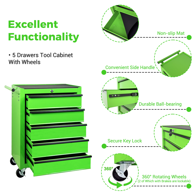 Rolling Metal Tool Chest with 5 Drawers, 20" Steel Cabinet - Green by HouseOfZazla