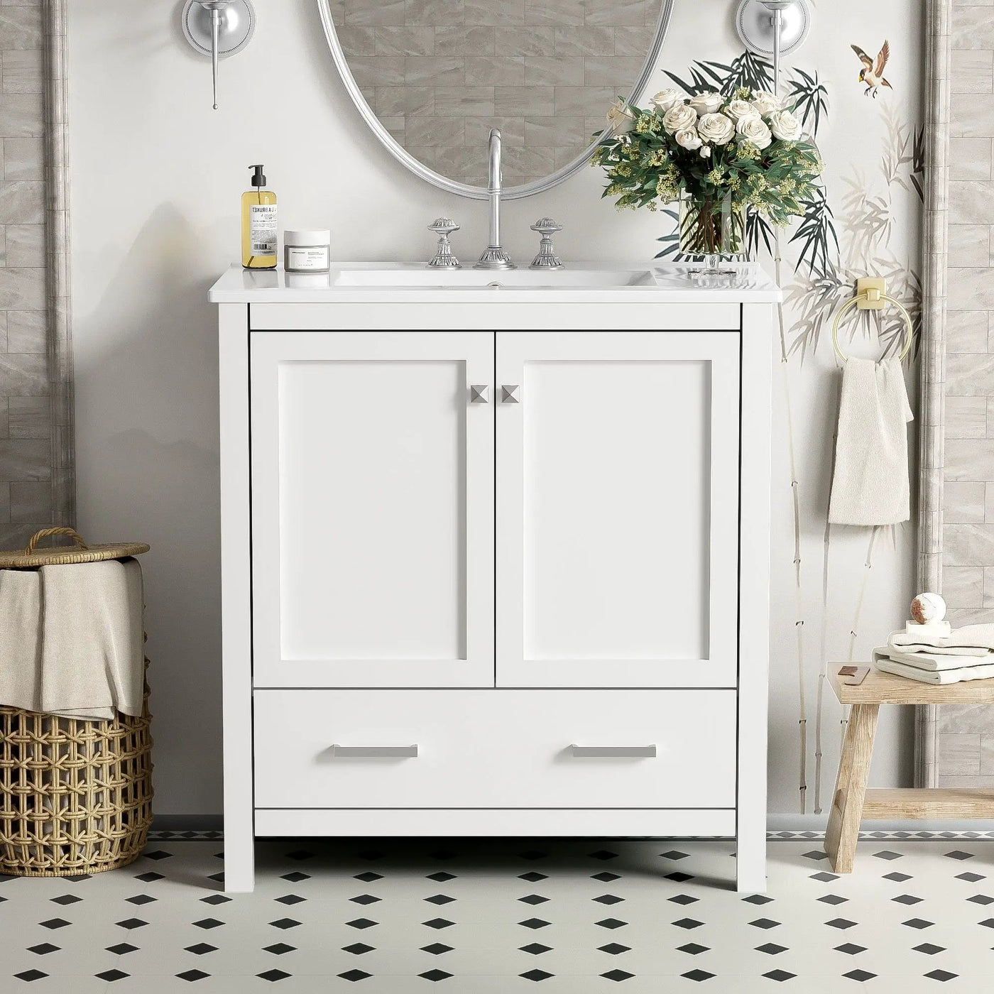 Bathroom Vanity With Single Sink, Combo Cabinet Undermount Sink, Bathroom Storage Cabinet With Two Doors And A Drawer, Soft Closing, Multifunctional Storage, Solid Wood Frame by Unique Piece Furniture