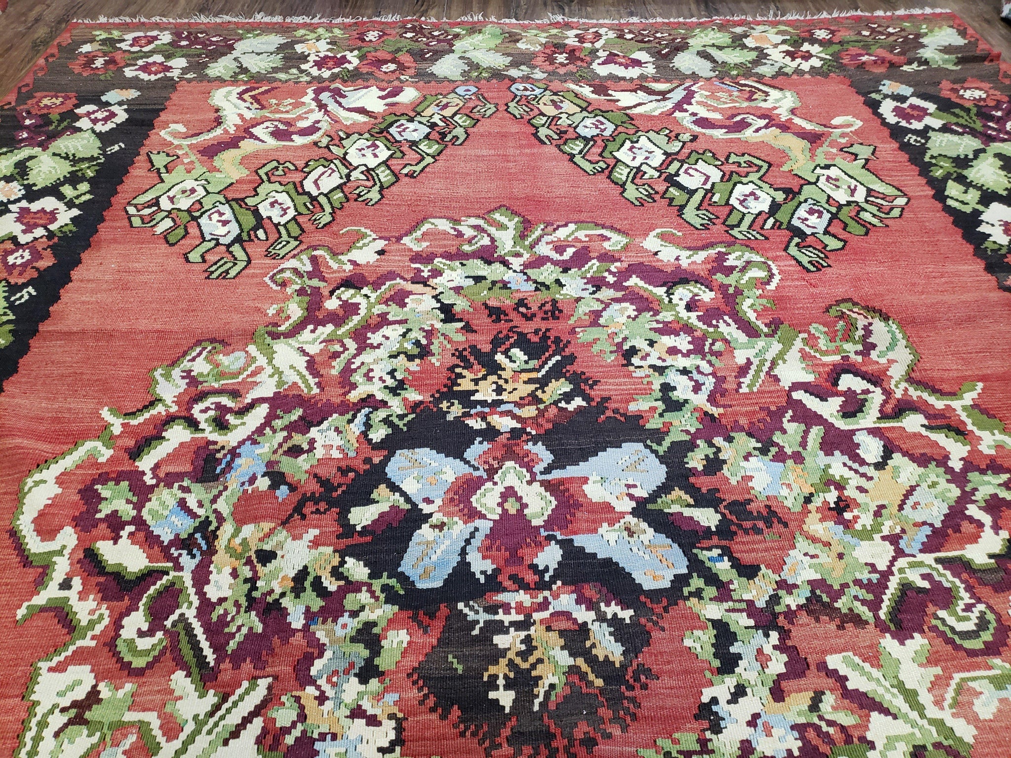 Karabakh Rug 8x11, Caucasian Kilim Rug, Vintage Antique Turkish Anatolian Azerbaijani Carpet, Wool Red & Black Hand-Woven 8 x 11 Living Room by Jewel Rugs