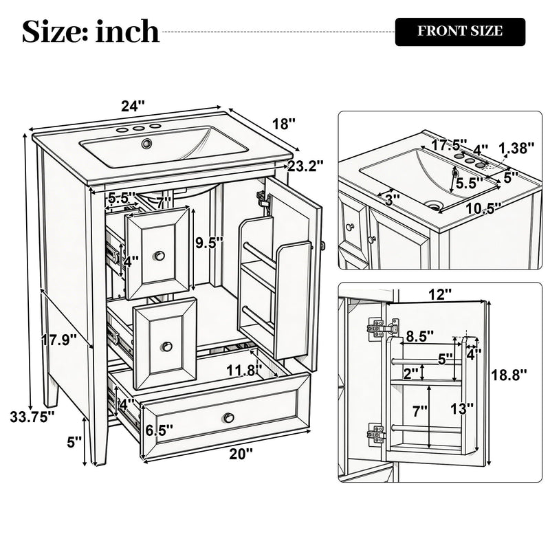 Modern Bathroom Vanity With Sink, Soft Close Drawers & Door, Storage Rack by HouseOfZazla