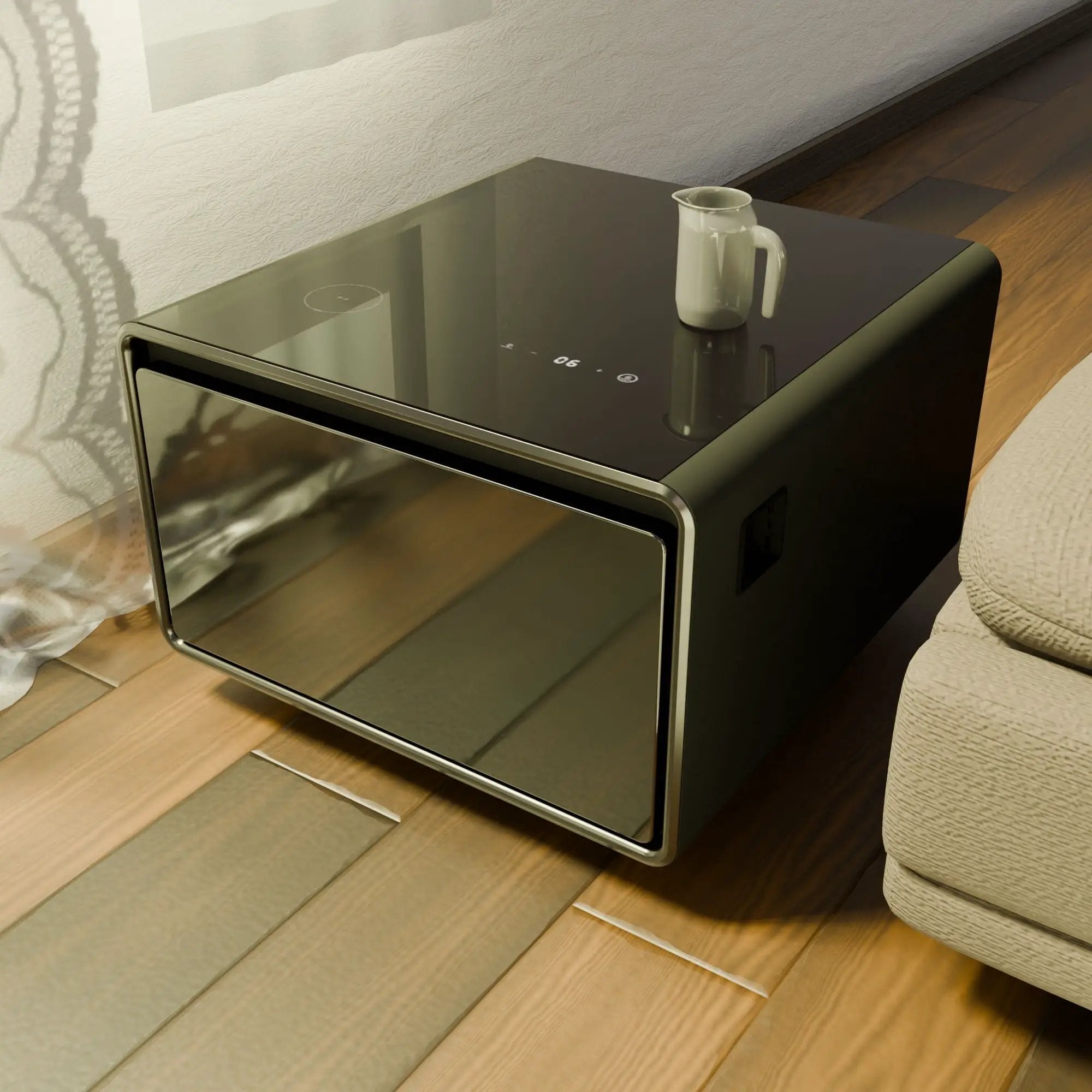Modern Smart Side Table With Built-In Fridge, Wireless Charging, Temperature Control, Power Socket, USB Ports, Outlet Protection, Induction Light by HouseOfZazla