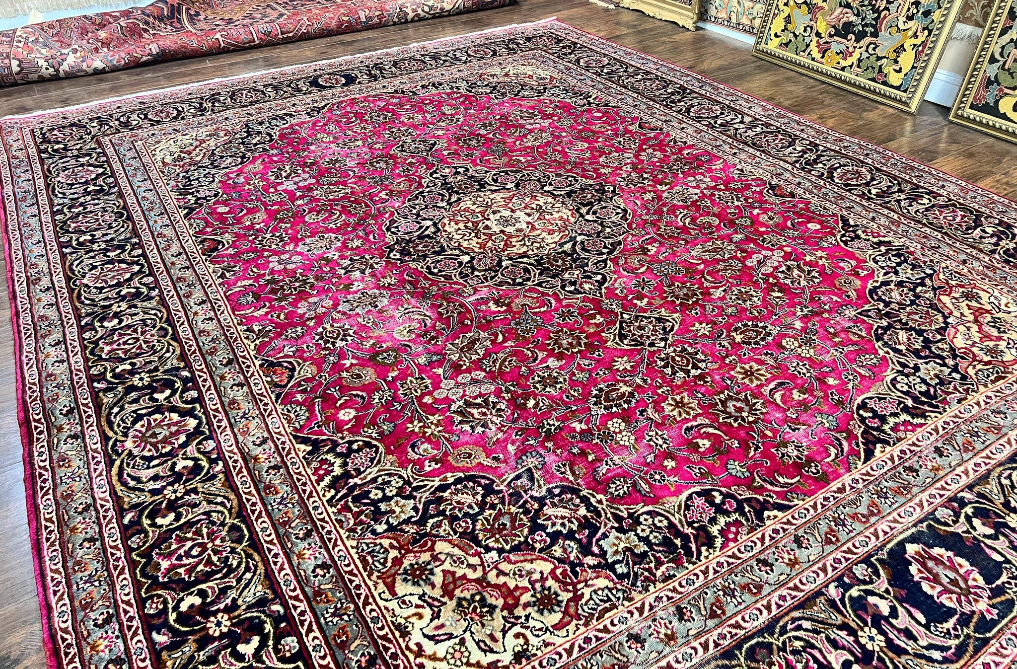 Persian Rug 10x13, Wool Hand Knotted Antique Kashmar Carpet, Raspberry Red & Navy Blue, Floral Medallion, Traditional Oriental Rug 10 x 13 by Jewel Rugs