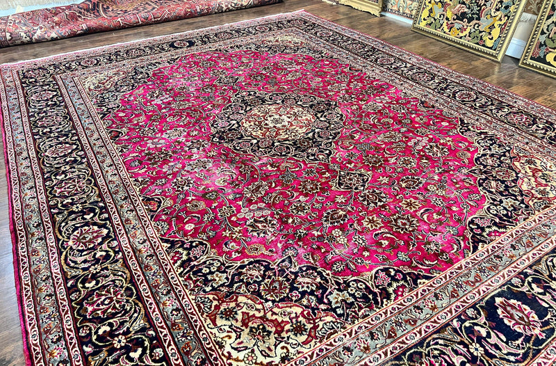 Persian Rug 10x13, Wool Hand Knotted Antique Kashmar Carpet, Raspberry Red & Navy Blue, Floral Medallion, Traditional Oriental Rug 10 x 13 by Jewel Rugs