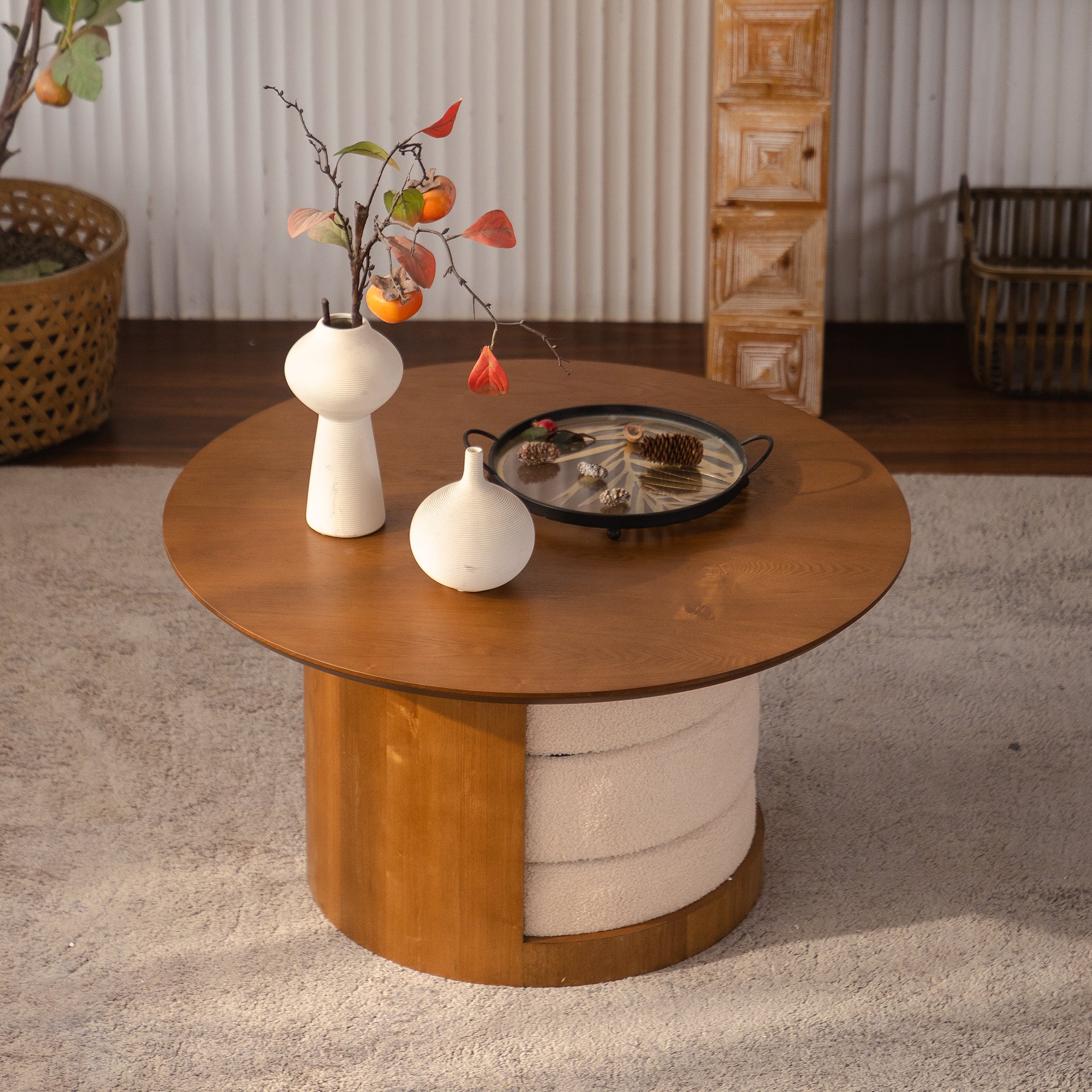 31.5" Round Wood Coffee Table with 3 Teddy Fabric Nesting Stools by HouseOfZazla