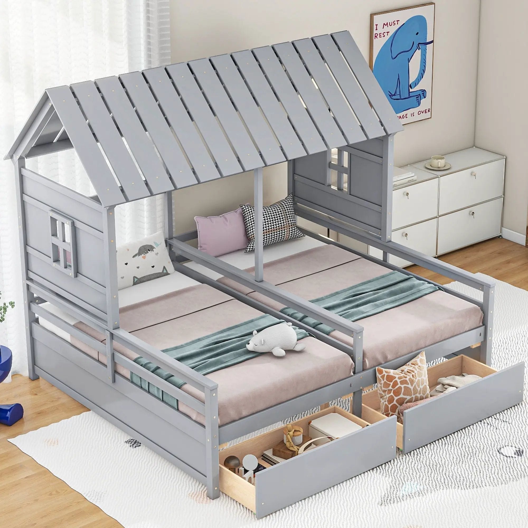 House Platform Beds With 2 Drawers, Side By Side Design by HouseOfZazla