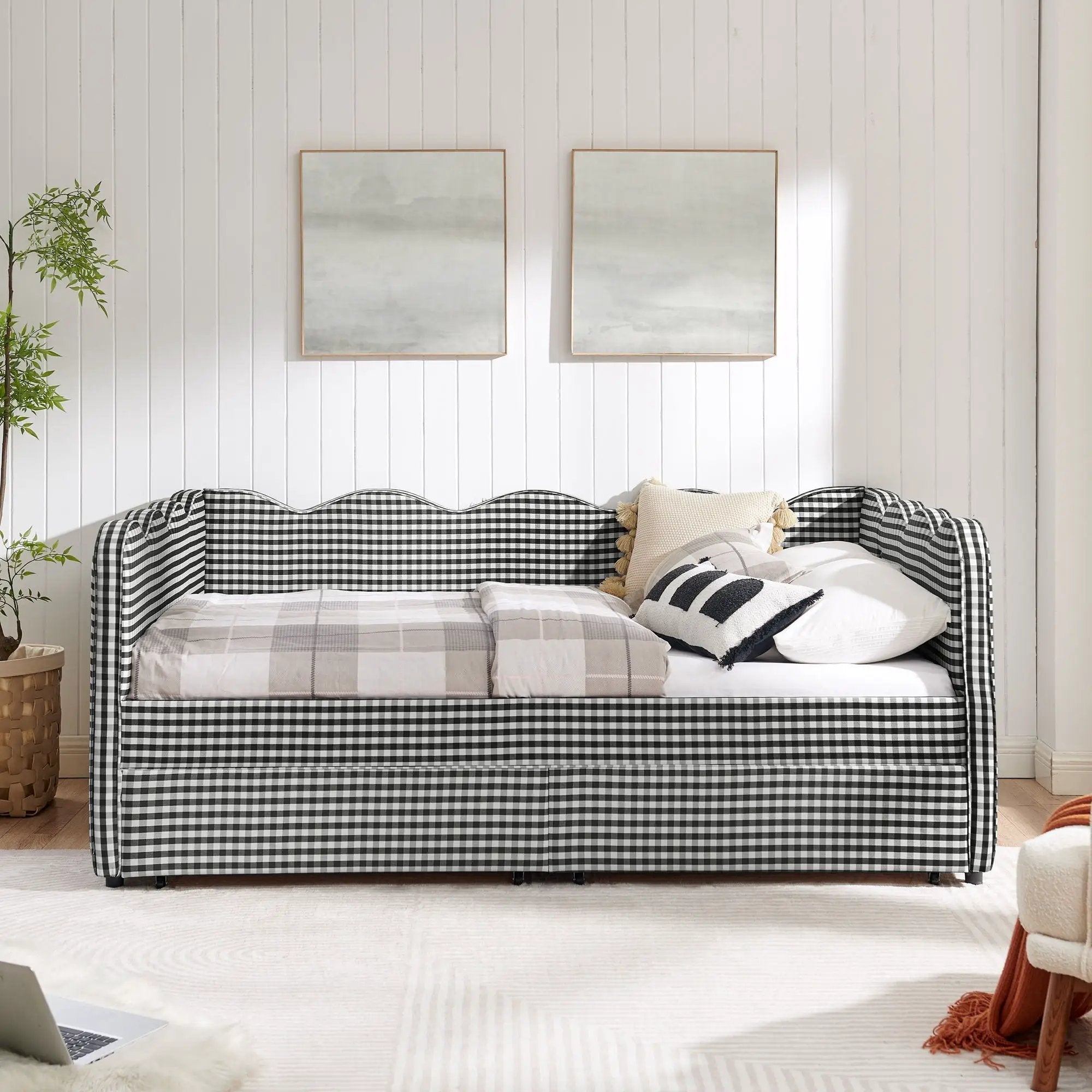 Gingham Daybed With USB Charging Port, Wave-Shaped Design by HouseOfZazla
