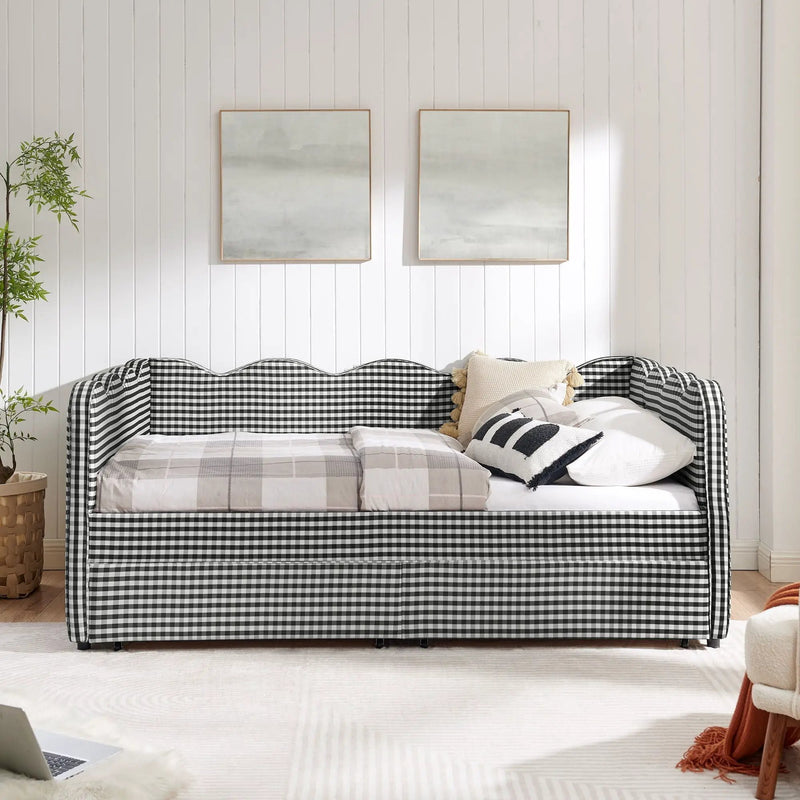 Gingham Daybed With USB Charging Port, Wave-Shaped Design by HouseOfZazla