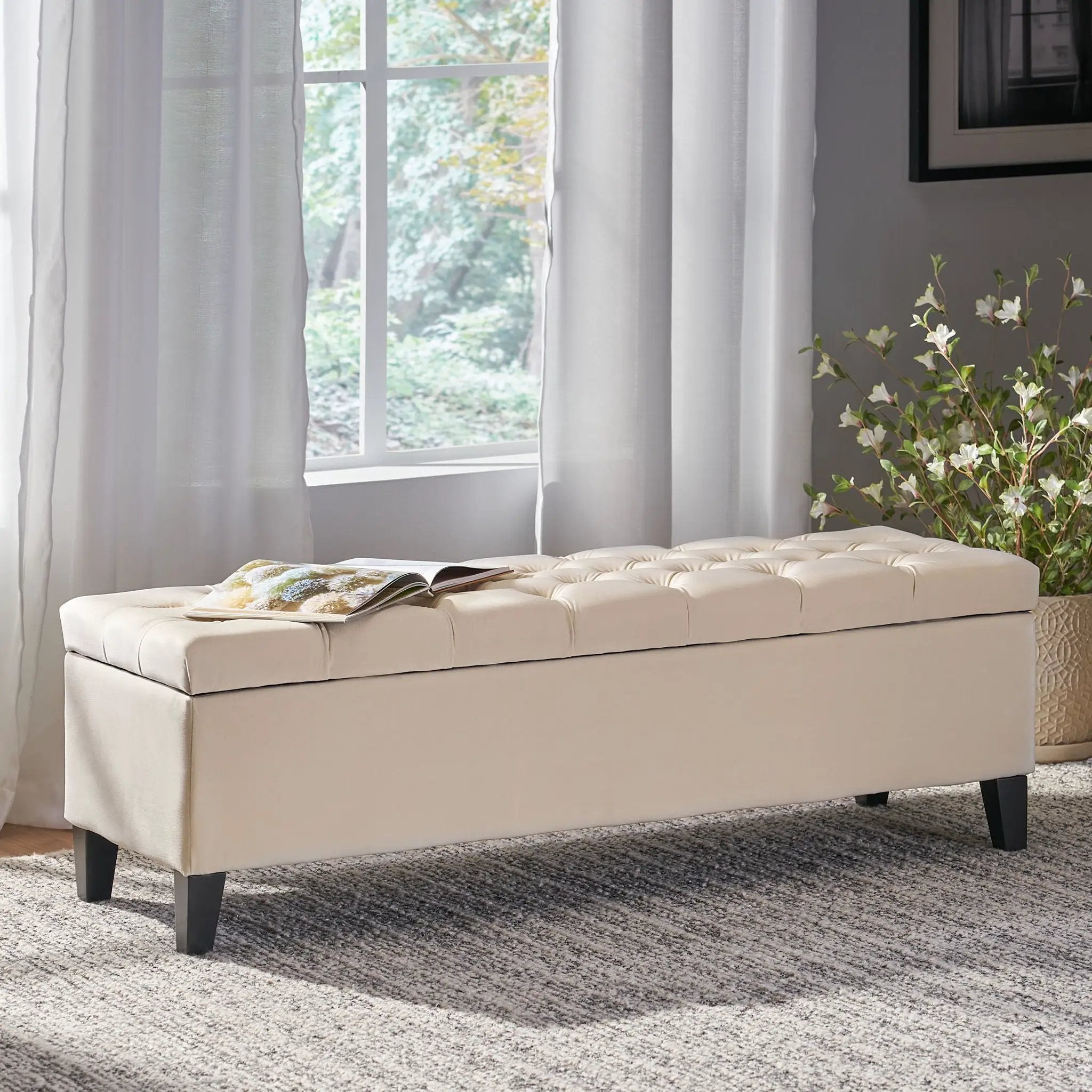 Button Tufted Diamond Stitch Storage Ottoman - Beige by HouseOfZazla