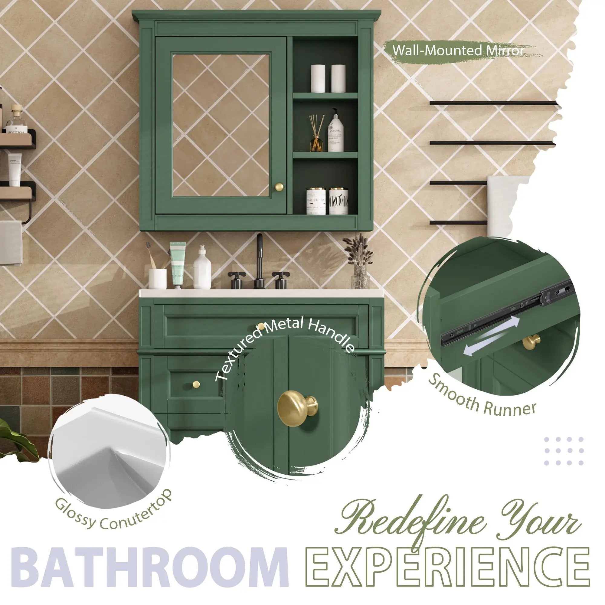 Bathroom Vanity With Medicine Cabinet, Royal Mirror Cabinet, Modern Bathroom Storage Cabinet With 2 Soft Closing Doors And 4 Drawers by Unique Piece Furniture
