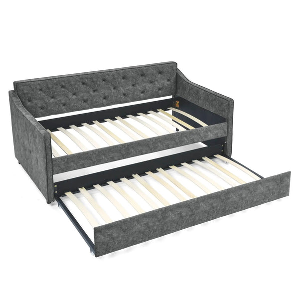Twin Upholstered Daybed With Trundle, Waved Arms - Gray