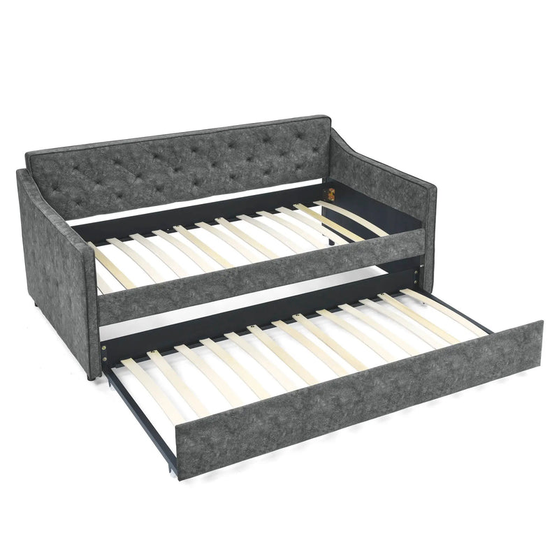 Twin Upholstered Daybed With Trundle, Waved Arms - Gray by HouseOfZazla