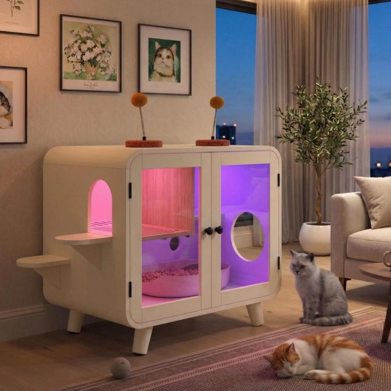 Cat Hidden Litter Box Enclosure with RGB LED Light and Glass Doors by HouseOfZazla