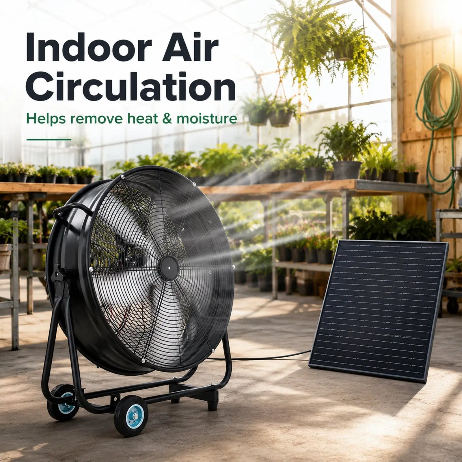 30" Wheeled Solar Fan with 140W Adjustable Monocrystalline Solar Panel by HouseOfZazla