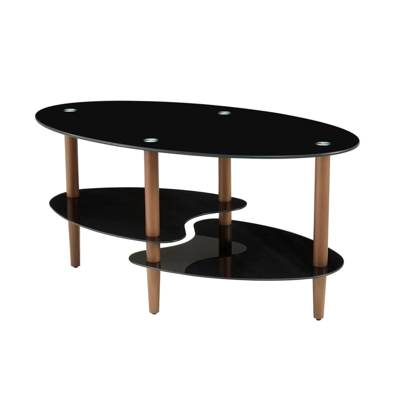 Oval Glass Coffee Table, Modern Table In Living Room Oak Wood Leg Tea Table 3-Layer Tempered Glass Table - Brown / Black by Unique Piece Furniture
