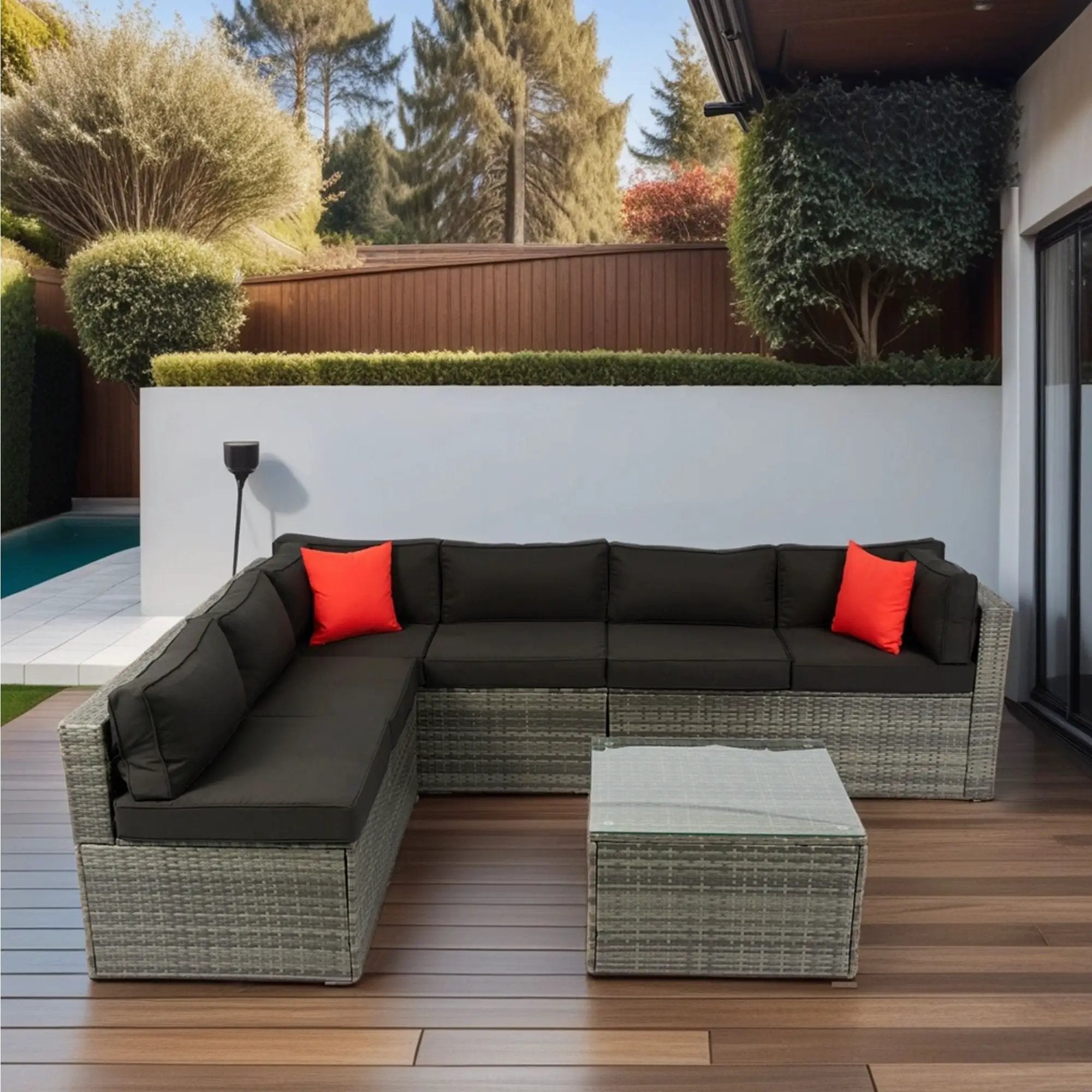 5 Pieces Rattan Sectional Outdoor Furniture Cushioned U Sof Set With 2 Pillow - Gray / Black by HouseOfZazla