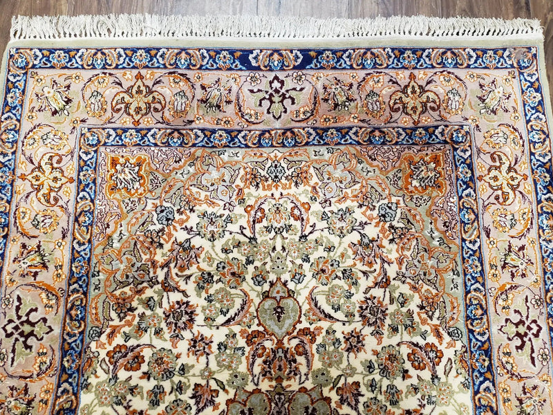 Vintage Persian Isfahan Lachak Toranj Rug, Highly Detailed, Kork Wool on Silk Foundation, Beige and Dark Blue, Hand-Knotted, 3'6" x 5' 4" by Jewel Rugs