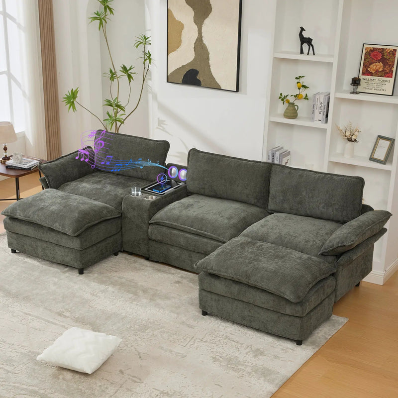 U Shaped Modular Sectional Sofa with Storage Console & Bluetooth Speakers by HouseOfZazla