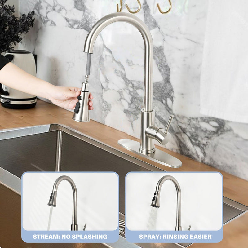 Classic High Arc Kitchen Faucet With Pull Down Sprayer, Stainless Steel - Brushed Nickel by HouseOfZazla