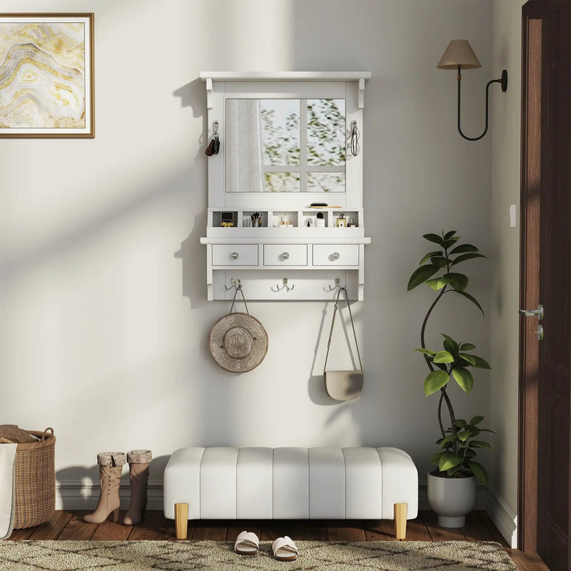 Floating Makeup Vanity With Big Mirror, Wall Mounted Storage Vanity With Drawers, Pockets & Hooks, Space Saving Decorative Home Organizer - White by Unique Piece Furniture