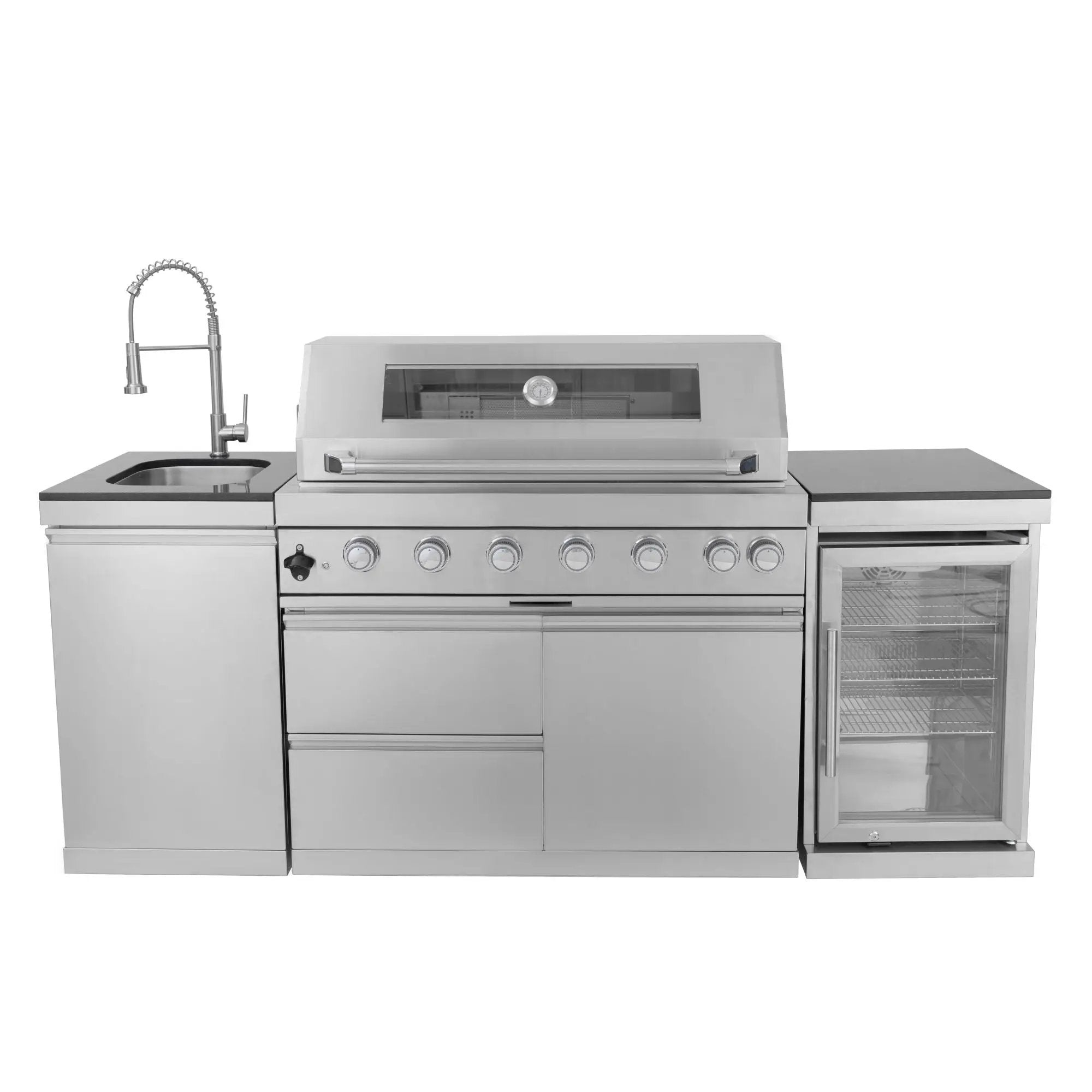6 Burner 85, 000 Btu Deluxe Gas Outdoor Kitchen Island Grill With Wine Cooler Refrigerator, Rotisserie, Storage Cabinets & Drawers - Silver by HouseOfZazla