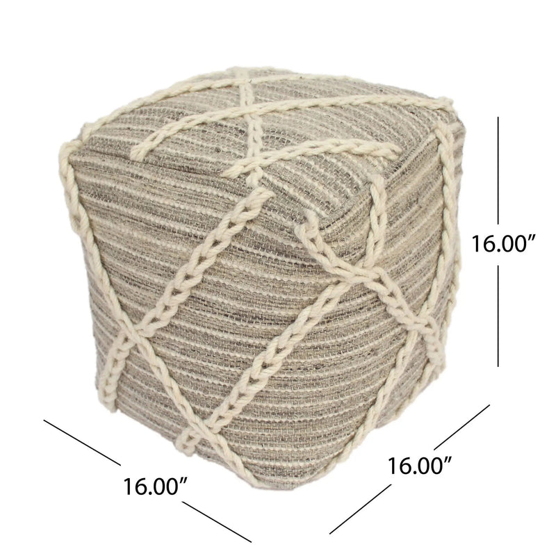 Modern Wool Rope Square Pouf Ottoman Floor Cushion - Gray / Ivory by Unique Piece Furniture