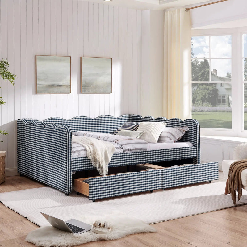 Queen Size Cozy Gingham Daybed with Two Storage Drawers and USB Port by HouseOfZazla