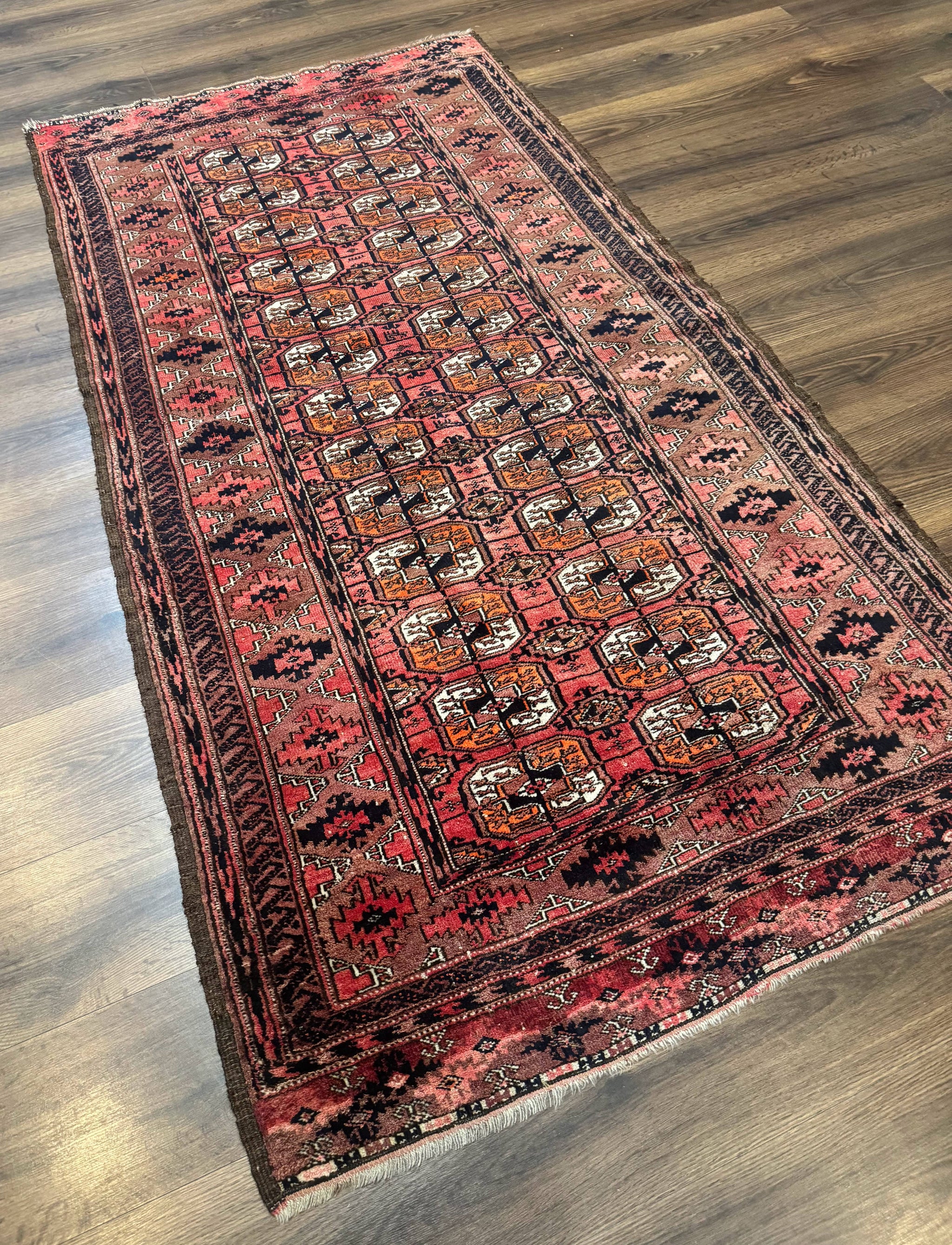 Antique Turkoman Rug 3.7 x 6.7, Red, Wool Runner Rug by Jewel Rugs