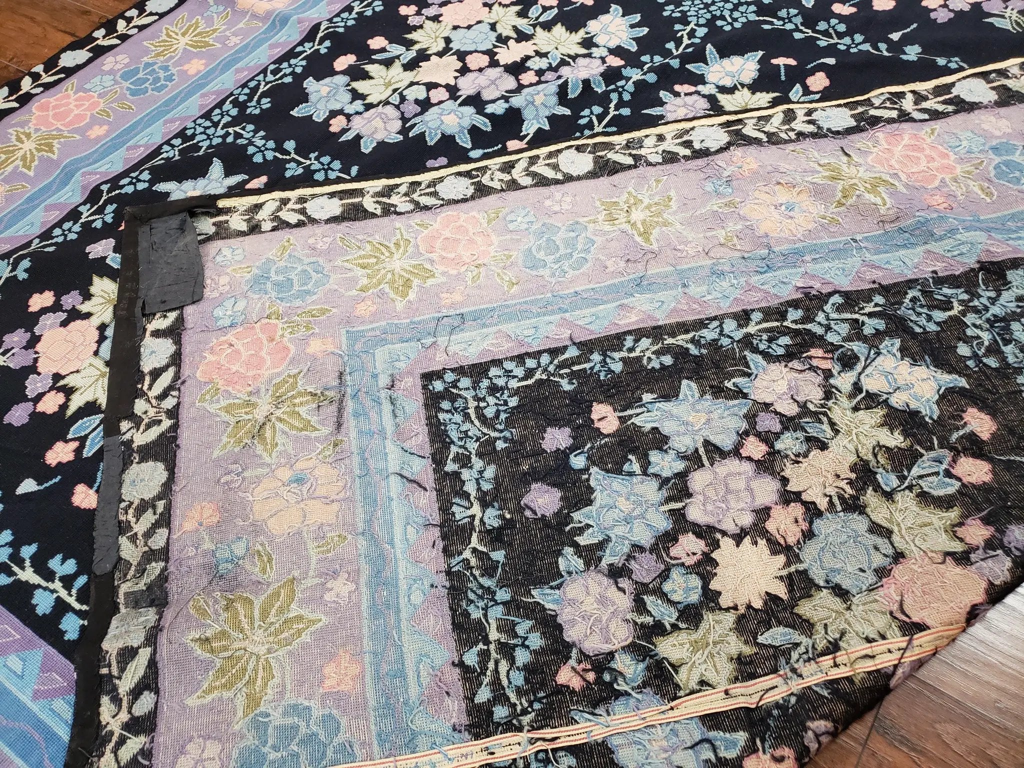 Chinese Needlepoint Rug 8 x 11.4, Hand-Woven Area Carpet, Flatweave Rug, Black Blue Light Violet Floral Garden European Design Wool Aubusson by Jewel Rugs