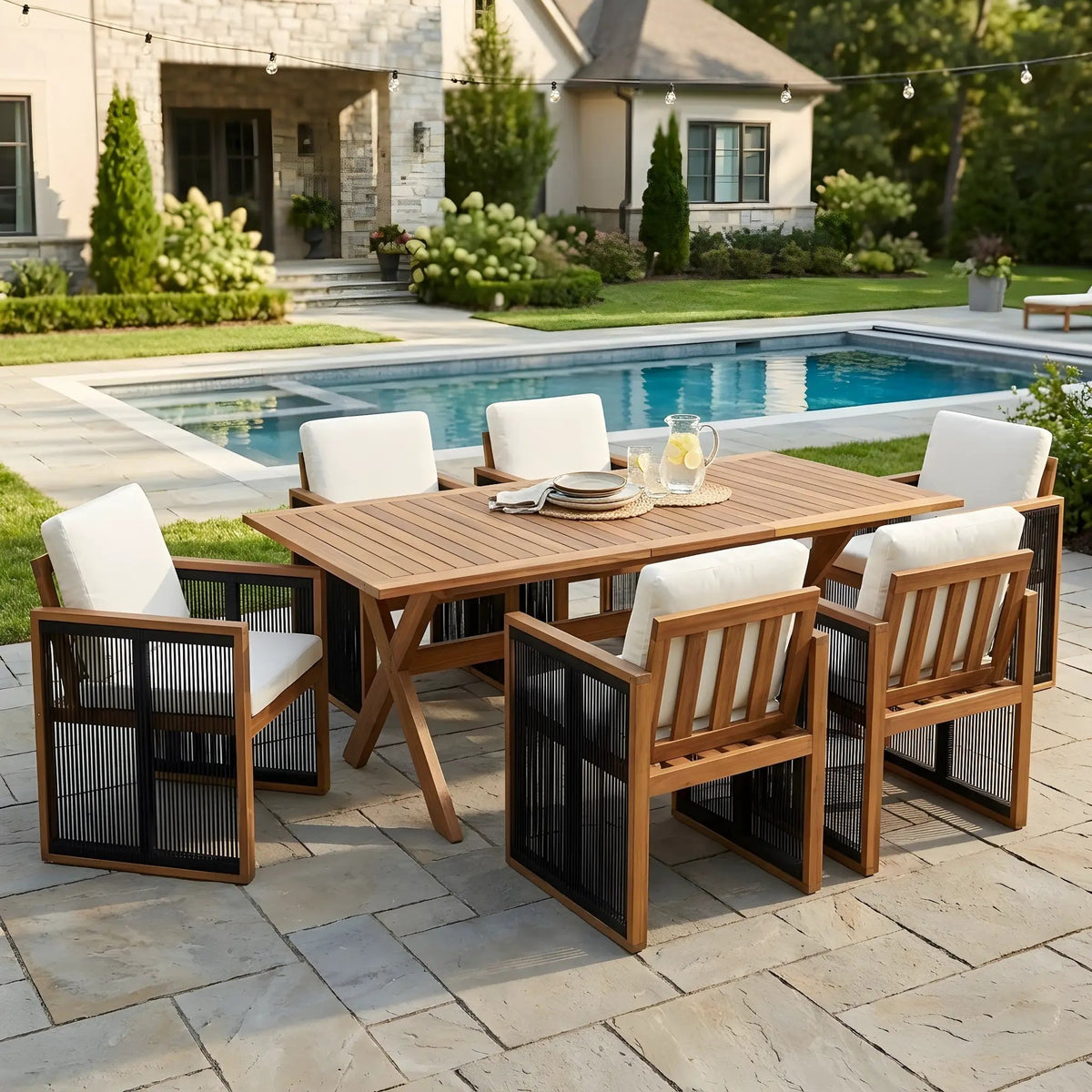 7 Pieces Acacia Wood Outdoor Dining Set with Cushions by HouseOfZazla