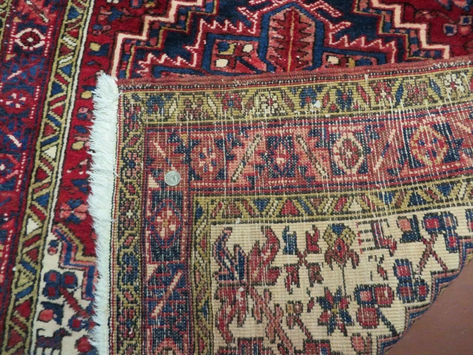 Persian Runner Rug, Heriz Runner Rug, Geometric Medallions, Red Cream Navy Blue Wool Hallway Rug 3.9 x 10.8 Antique Oriental Runner Handmade by Jewel Rugs